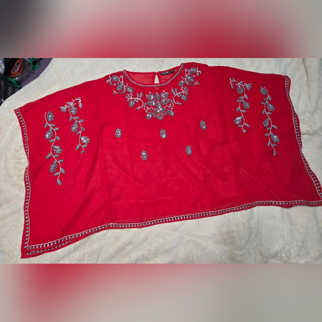 Tunic Or Swim Cover Up By Alloy Apparel Lightweight Sheer Red, Silver Embroidery